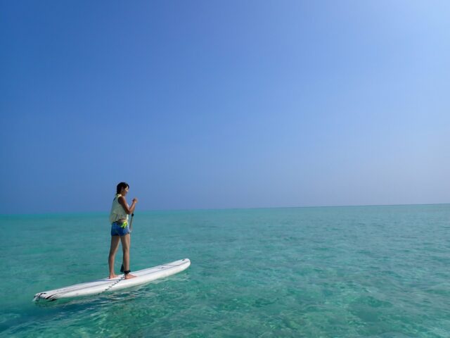 青い海と空の下でサップを楽しむ女性（ハワイ・オアフ島）
