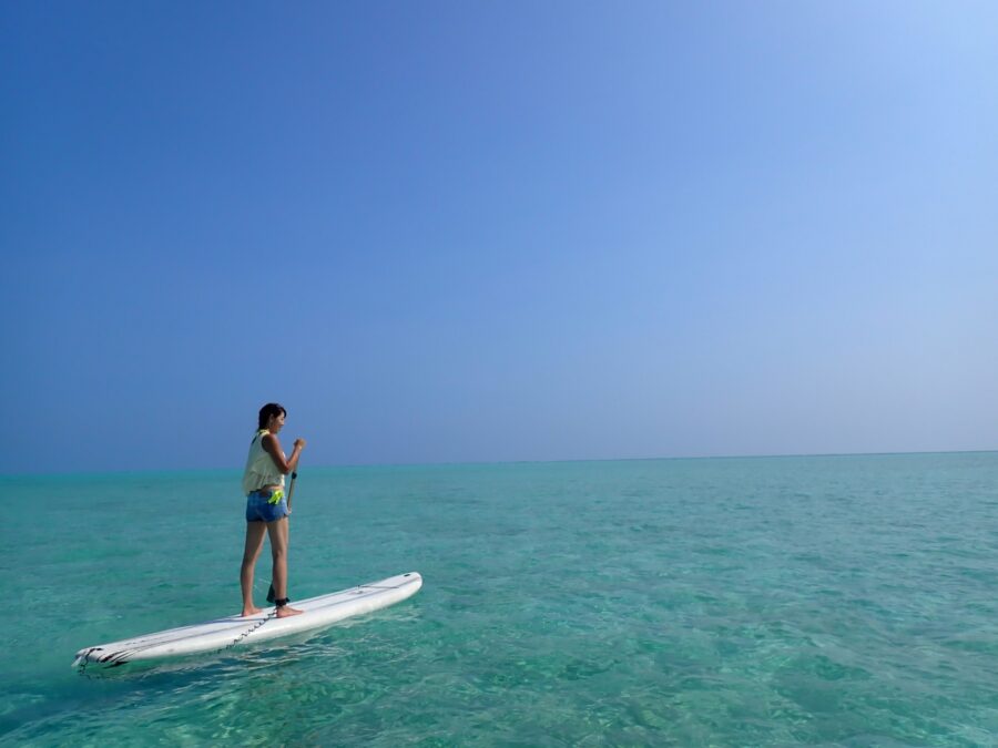 青い海と空を背景にサップ（SUP）を楽しむ女性