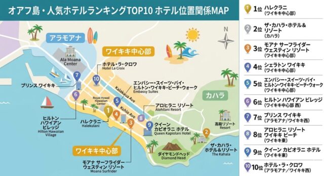 ハワイ　オアフ島　人気ホテルMAP
